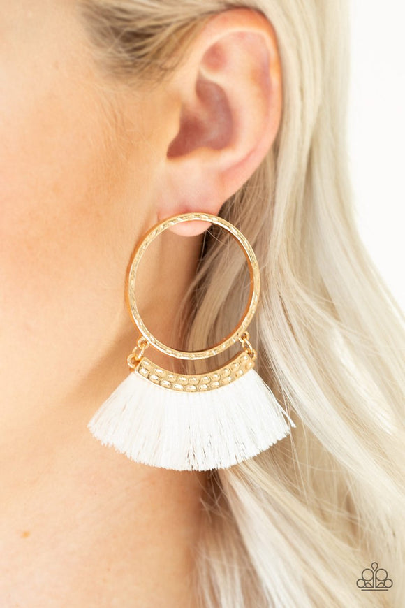 This Is Sparta! Gold and White Tassel Earrings - Paparazzi Accessories - Bella Fashion Accessories LLC